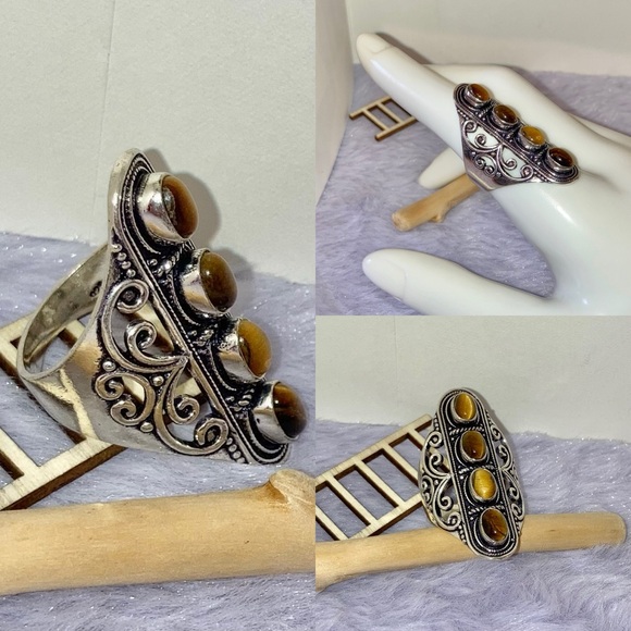 Tiger's Eye Gemstone Handmade Filigree Shield Armor Ring - Picture 6 of 6